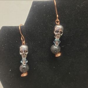 Copper, Black Lava, and Blue Bicone Dangle Earrings with Skeleton